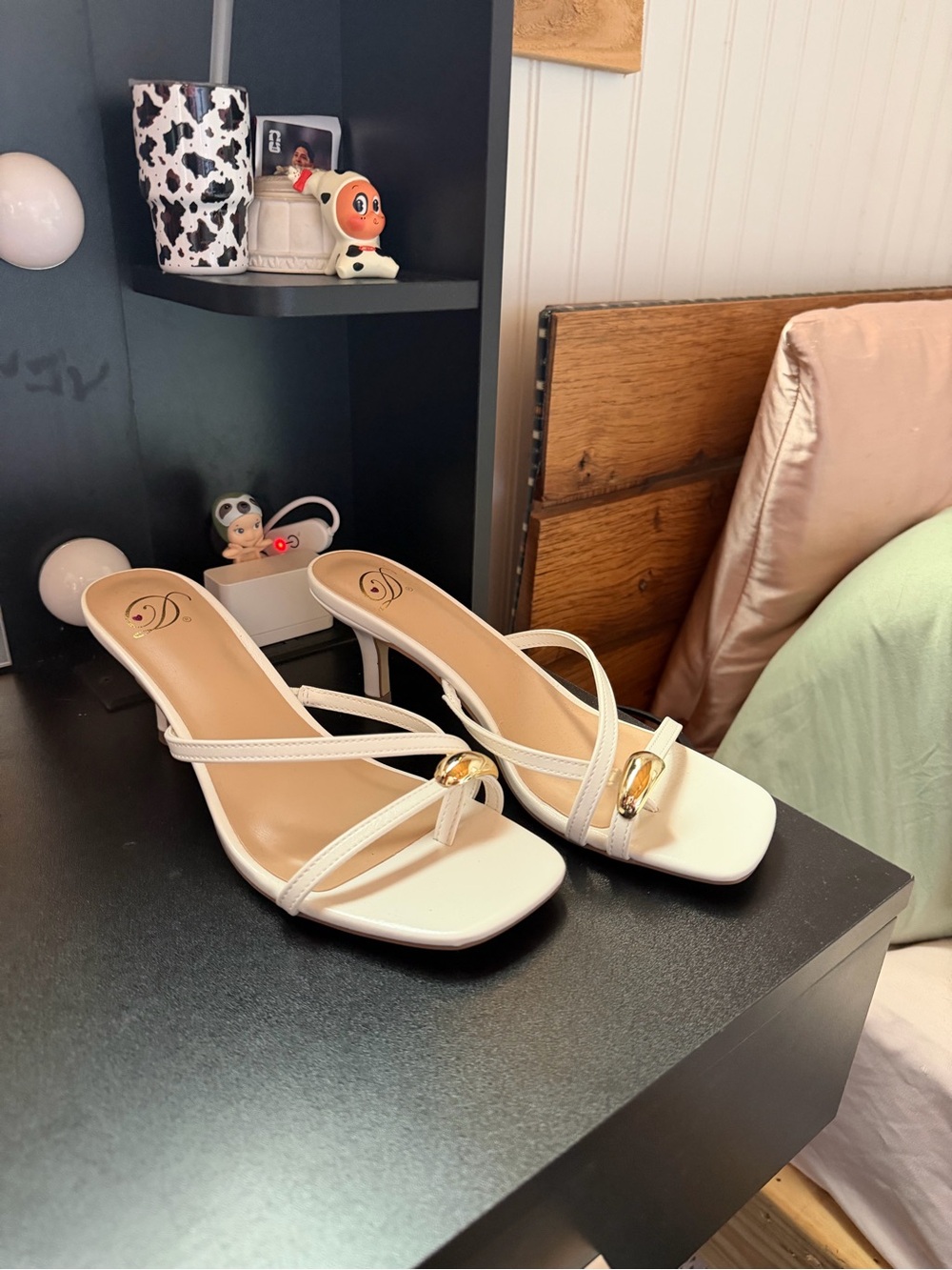 Women's White Strappy Heeled Sandals with Gold Accent